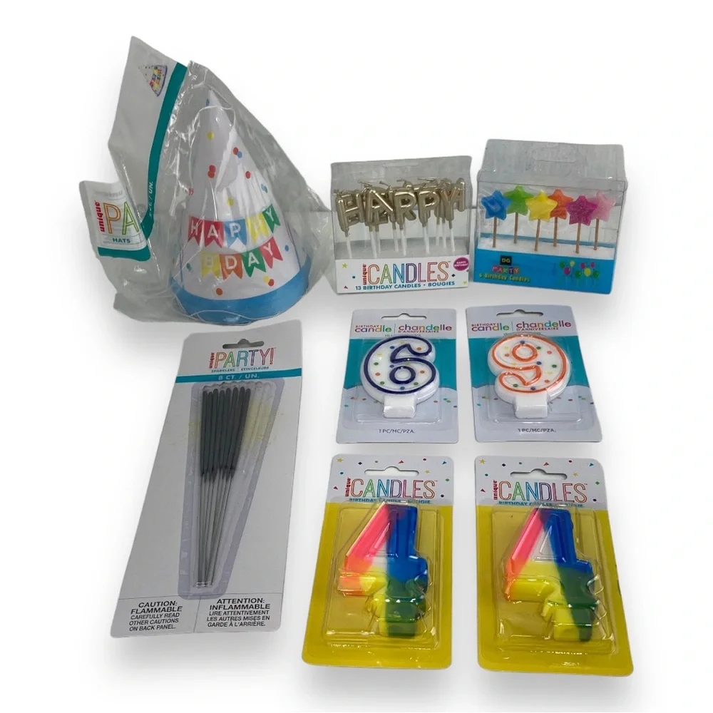 NWT Unique Party Party Supply lot Birthday party hats birthday candles sparklers